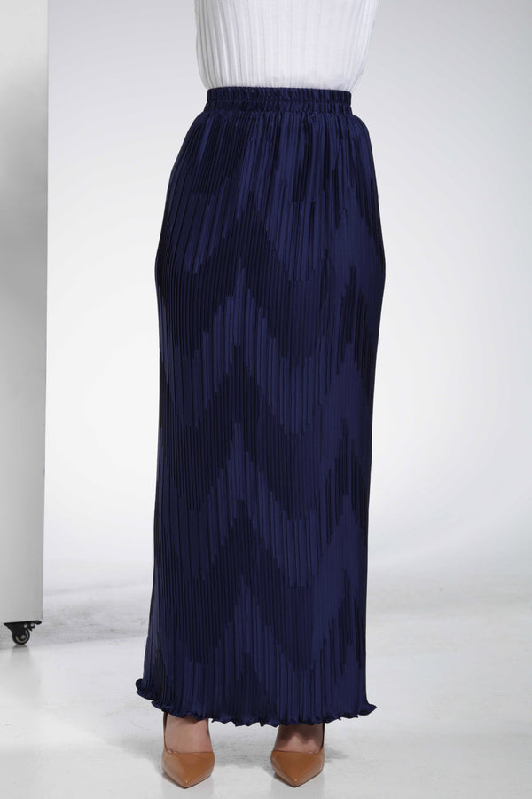 Embosed Pleated Luxurious Arman Silk Skirt - Navy | LL093