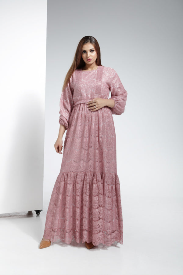 Dentail Lace Ladies Maxi Dress with Full Lining - Dirty Pink | LL024