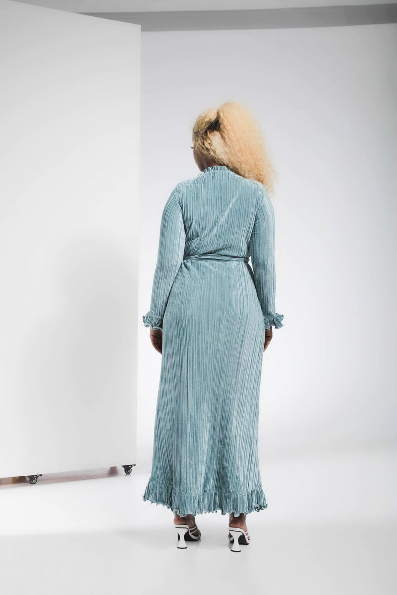 All Pleated Velvet Maxi Dress - Aqua Blue  | LL021