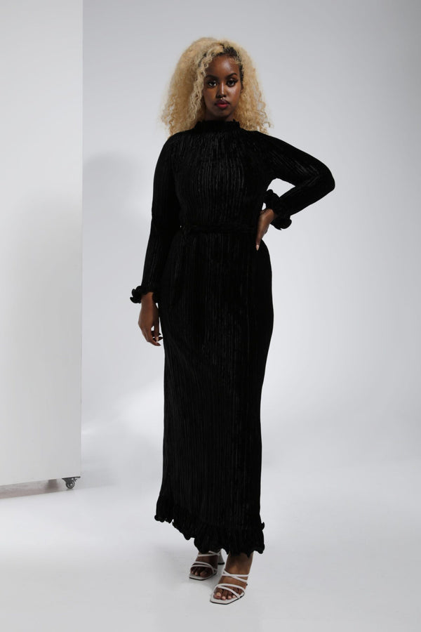 All Pleated Velvet Maxi Dress - Black | LL021