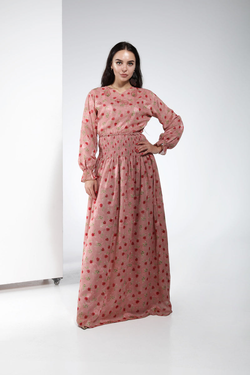 Chiffon Dress Flower Printed Zari - Pink | LL031