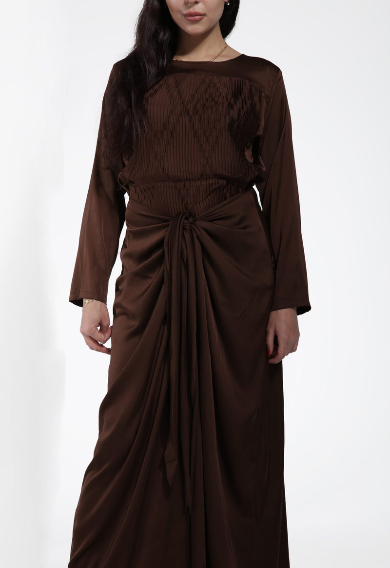 Front Pleated Front Tie Luxurious Arman Satin Dress - Brown Chocolate | LL041