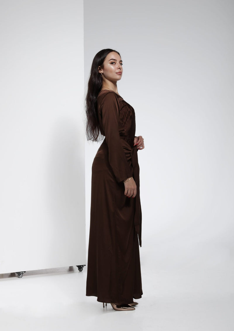 Front Pleated Front Tie Luxurious Arman Satin Dress - Brown Chocolate | LL041