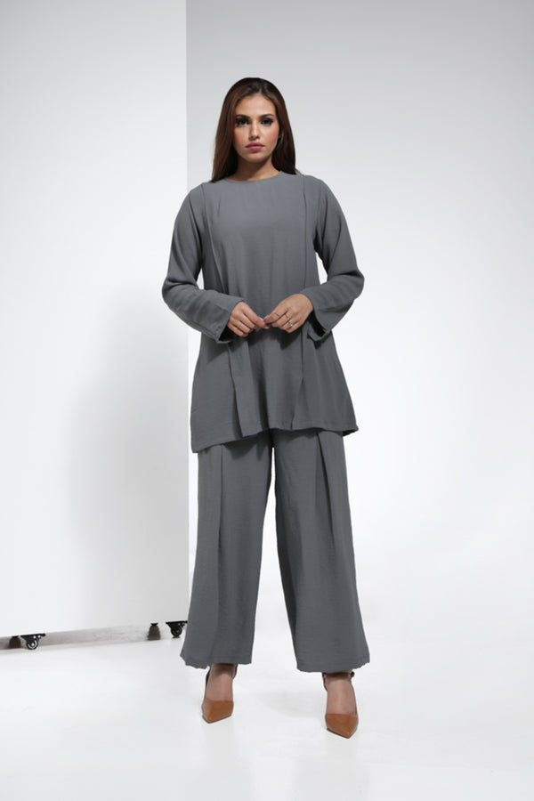 Cool Rayon Fabric Two Piece Pant Set with Front Discrete Slits - Grey | LL007B