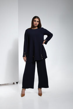 Cool Rayon Fabric Two Piece Pant Set with Coconut Button on Slits - Navy Blue | LL007A