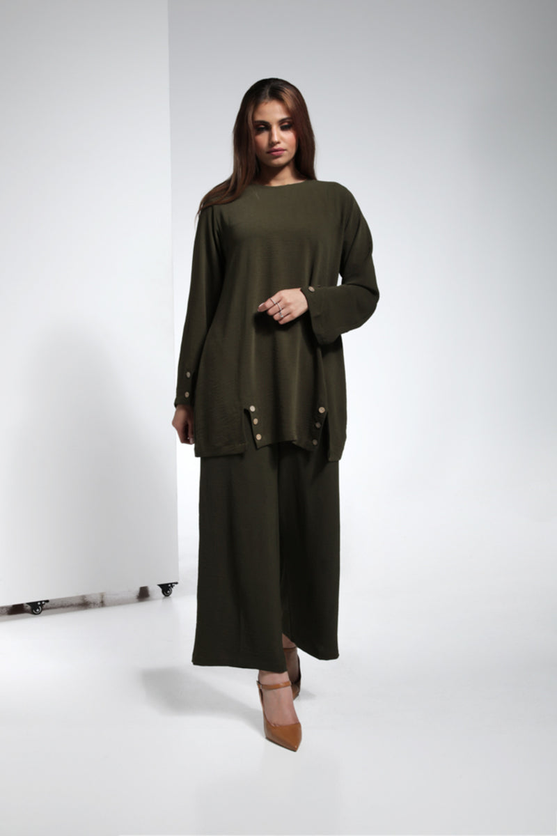 Cool Rayon Fabric Two Piece Pant Set with Coconut Button on Slits - Olive Color | LL007A