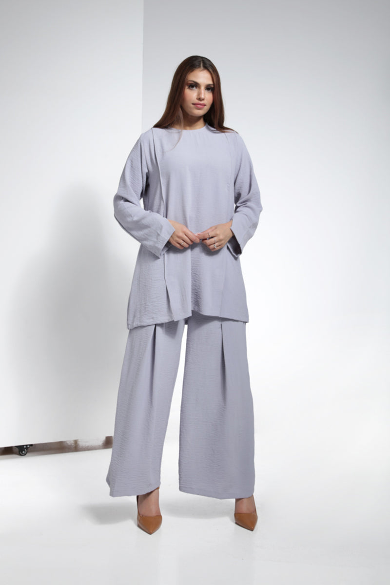 Cool Rayon Fabric Two Piece Pant Set with Front Discrete Slits - Light Grey | LL007B