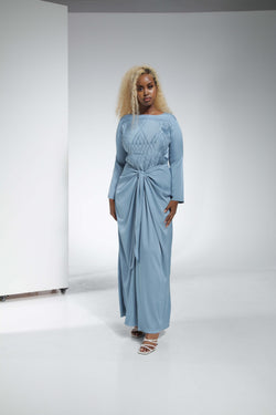 Front Pleated Front Tie Luxurious Arman Satin Dress - Sky Blue | LL041