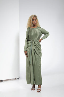 Front Pleated Front Tie Luxurious Arman Satin Dress - Green | LL041