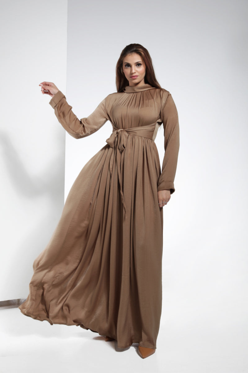 Fabric Velvet Waist Tie Satin Dress - Brown Beige | LL012