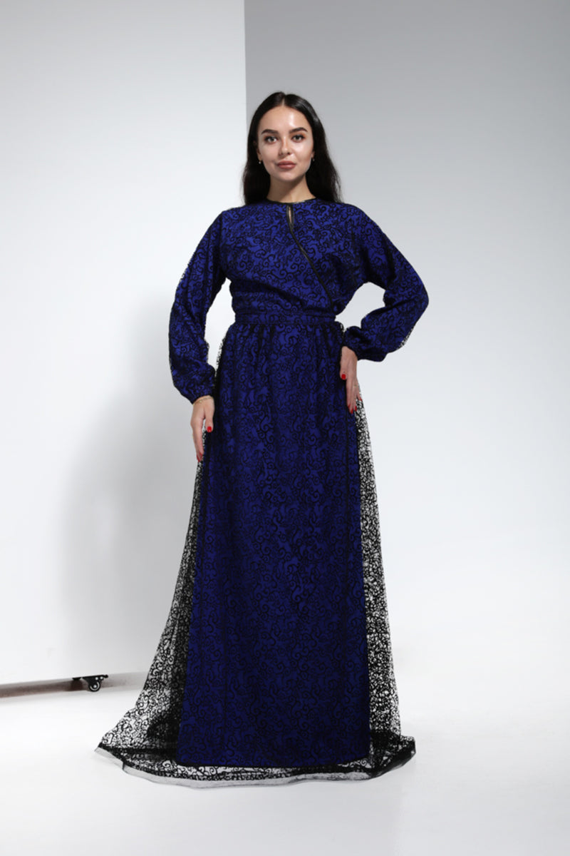 Dentail Lace Ladies Maxi Dress with Full Lining (Two Layer) - Black & Royal Blue | LL029