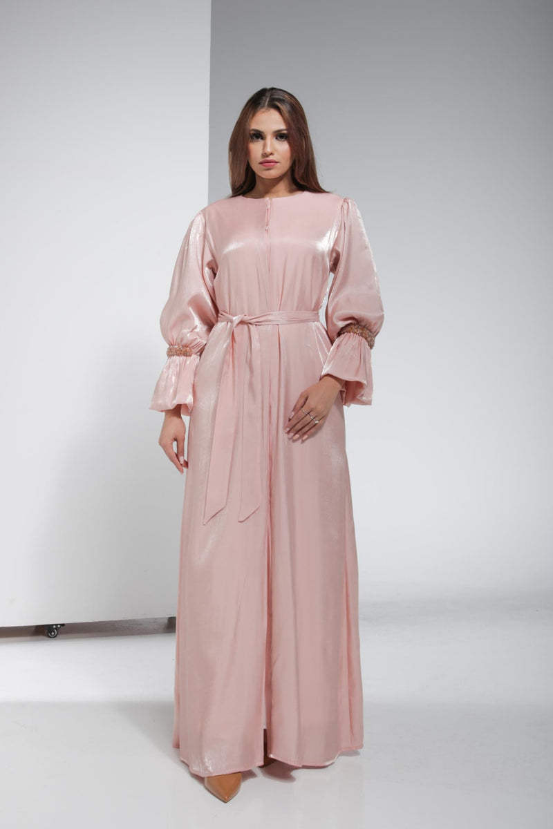 Beaded Embroidery Handwork Open Abaya - Dirty Pink | LL011