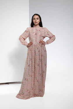 Chiffon Dress Full Lining Printed Zari - Baby Pink | LL026