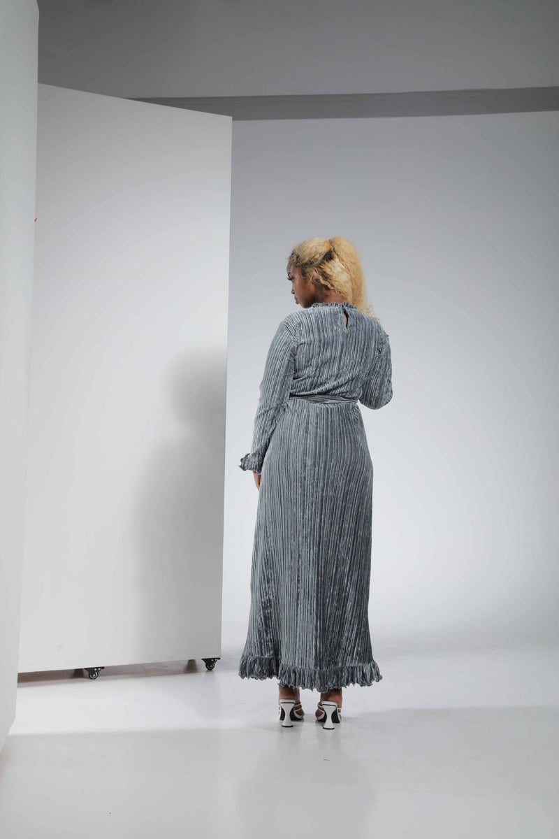 All Pleated Velvet Maxi Dress - Grey | LL021