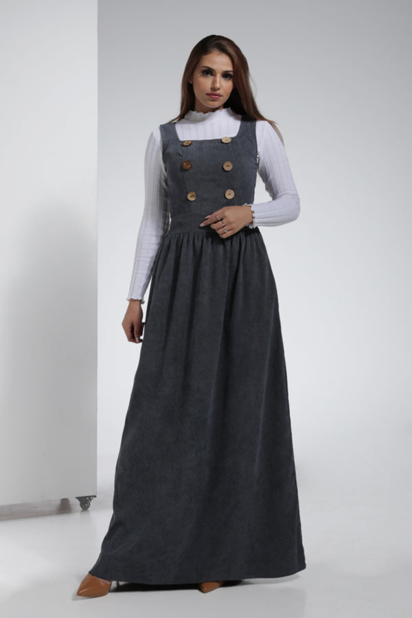 Corduroy Fabric Pinafore Dress with Large Coconut Buttons - Grey | LL054