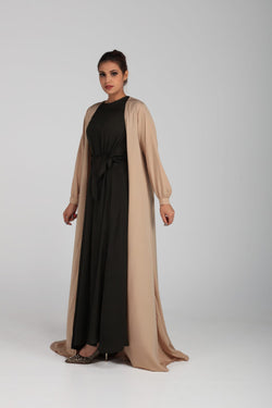 Rayon Cotton Suede Two Piece Abaya Set - Beige & Two Tone Green | LL061