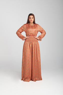 Chiffon Dress Leaves Printed Zari - Orange | LL031