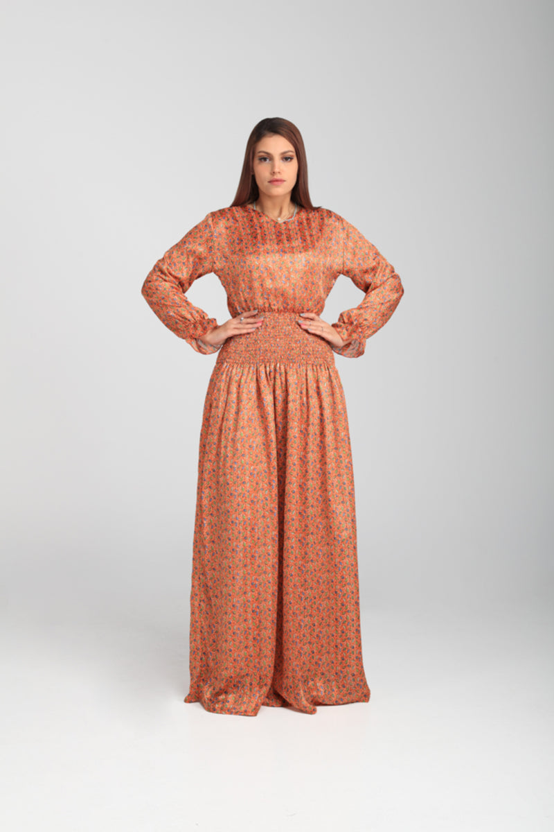 Chiffon Dress Leaves Printed Zari - Orange | LL031