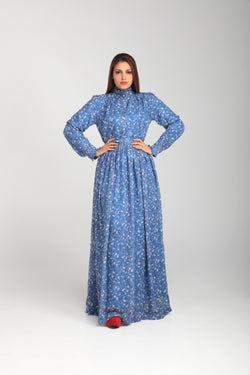 Chiffon Dress Full Lining Printed Zari - Sky Blue | LL026