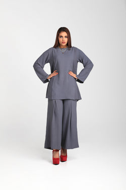 Cool Rayon Fabric Two Piece Pant Set with Front Discrete Slits - Dark Grey | LL007B