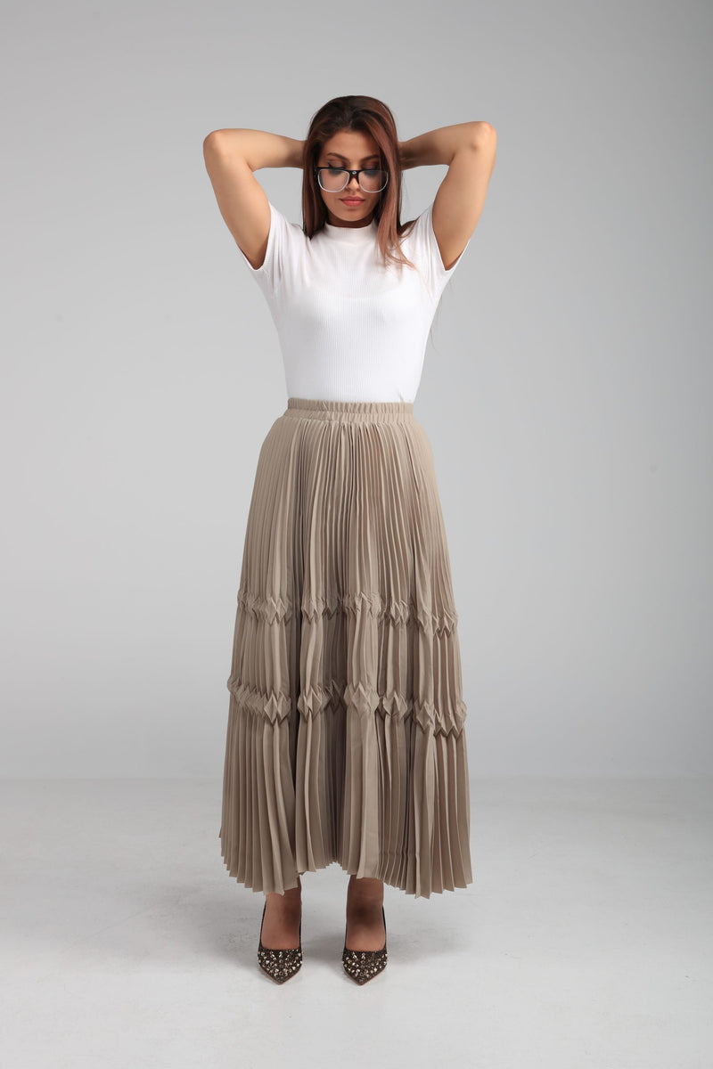 Crepe Fabric Pleated Youth Skirt - Khaki | LL090