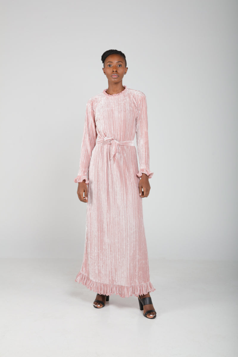 All Pleated Velvet Maxi Dress - Pink | LL021