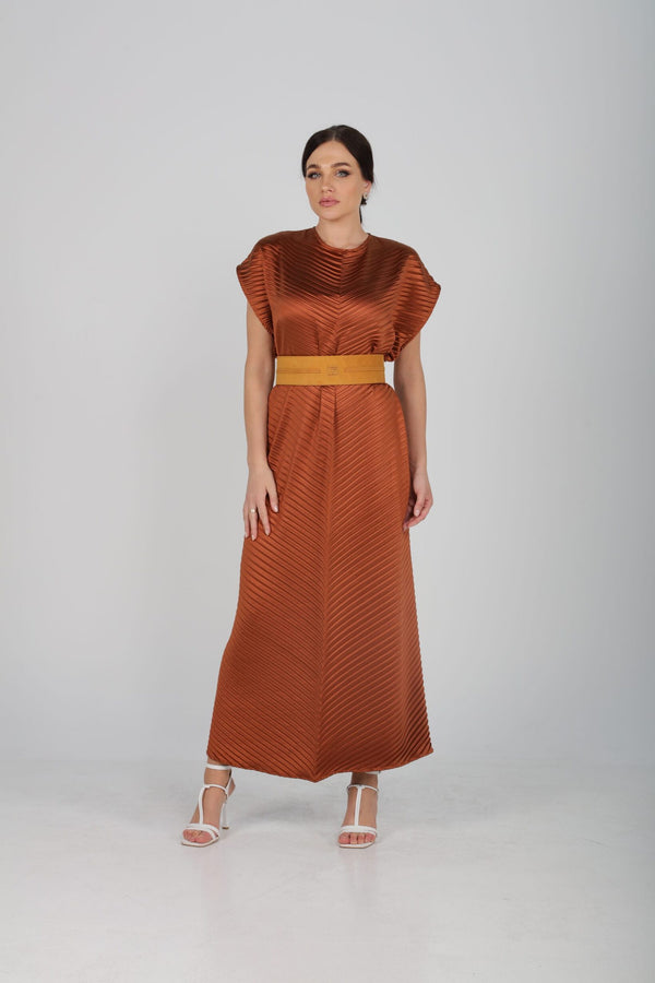 Pleated Shiny Satin Inner Dress & Narrow Tumeric Camel Belt - Rust | LL047
