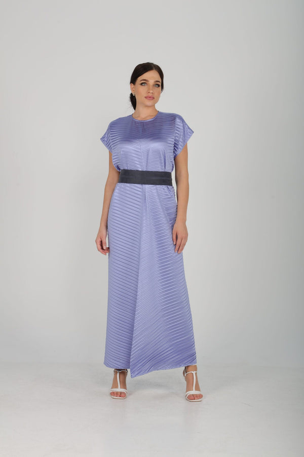 Pleated Shiny Satin Inner Dress & Narrow Blue Camel Belt - Inner Blue | LL047