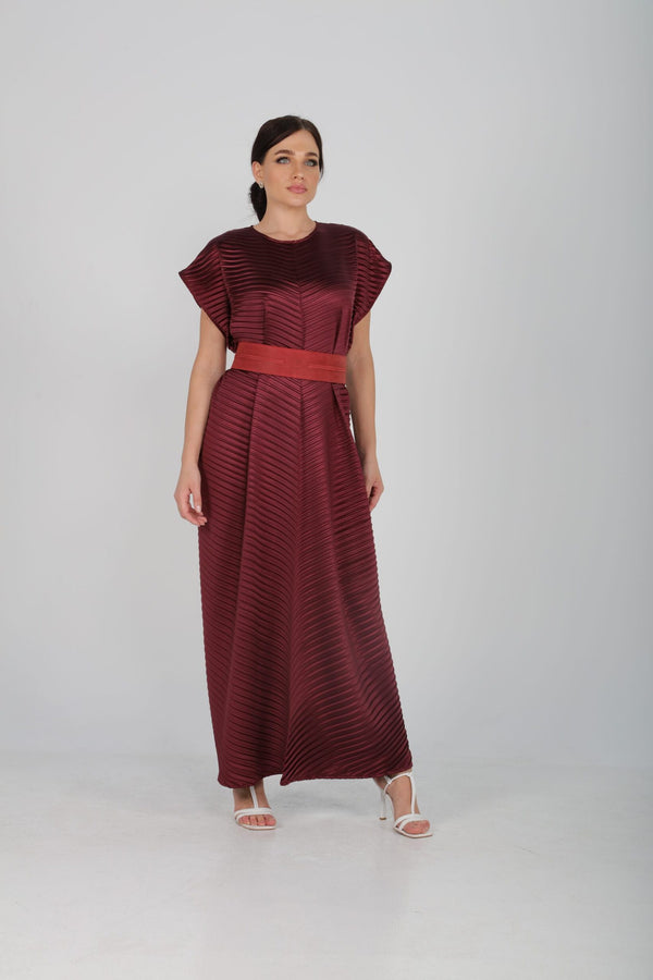 Pleated Shiny Satin Inner Dress & Narrow Red Camel Belt - Inner Maroon | LL047