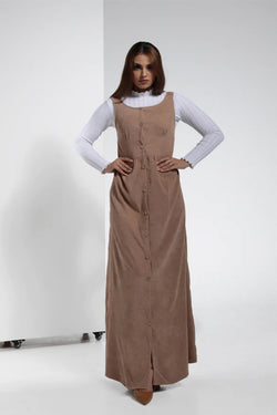 Corduroy Fabric Pinafore Dress with Coconut Button - Light Beige | LL051