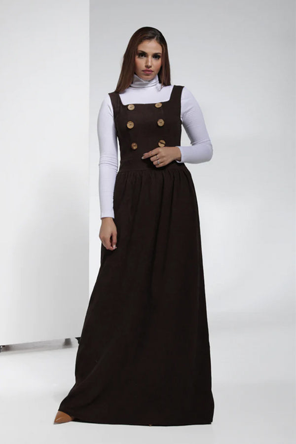Corduroy Fabric Pinafore Dress with Large Coconut Buttons - Brown Coffee | LL054